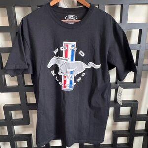 NWT Official Ford Black Tee with Silver Mustang Emblem and Red/Blue Stripe